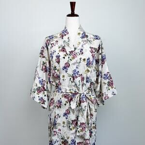 California Dynasty Vintage Floral Satin Belted Lingerie Kimono Long Robe MEDIUM